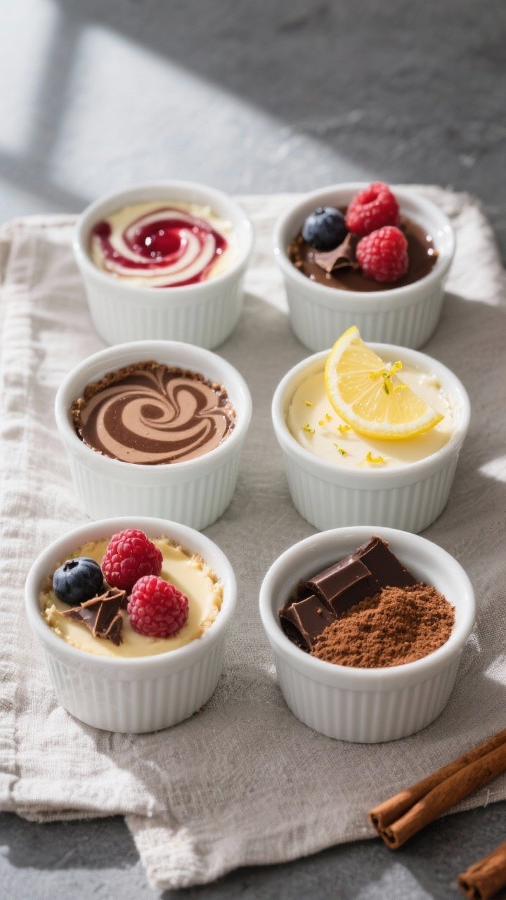 Tasty top view: Overhead shot of assorted finished no-bake keto cheesecake cups arranged in a neat g