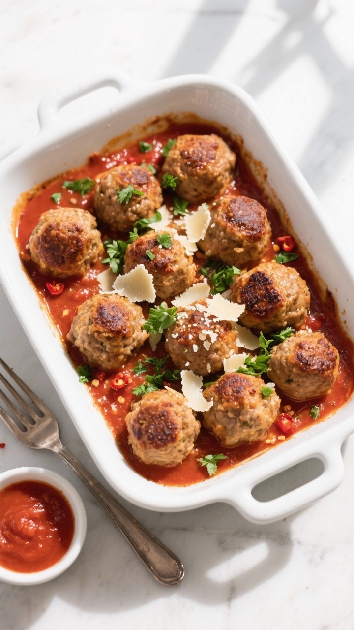 Tasty top view: Overhead shot of baked meatballs nestled in warm low-sugar marinara inside a shallow