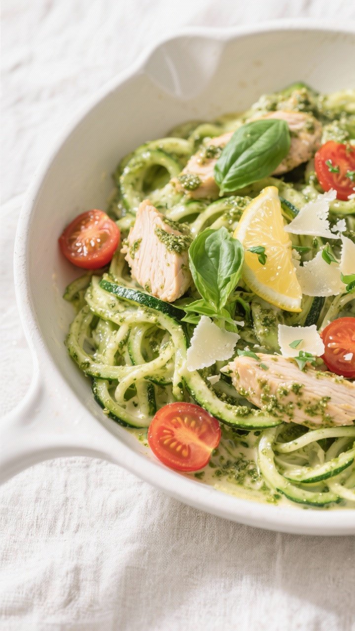 Tasty top view: Overhead shot of creamy pesto zoodles with chicken just after tossing—vibrant gree