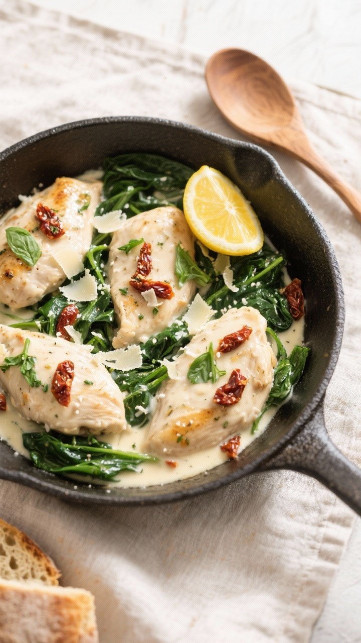Tasty top view: Overhead shot of creamy Tuscan chicken finished in the pan, showing four chicken bre