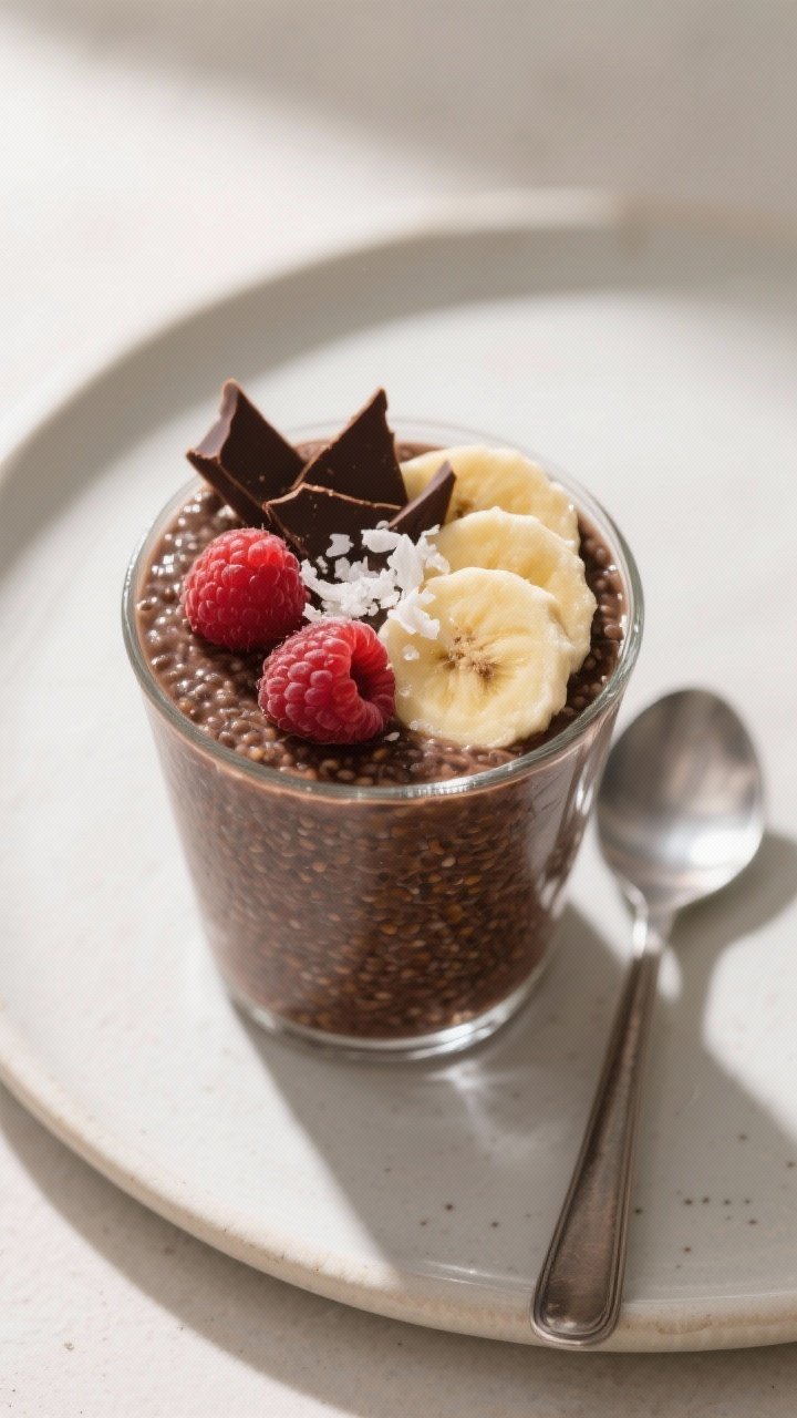 Tasty top view: Overhead shot of final chocolate chia pudding in a short glass, topped with sliced b
