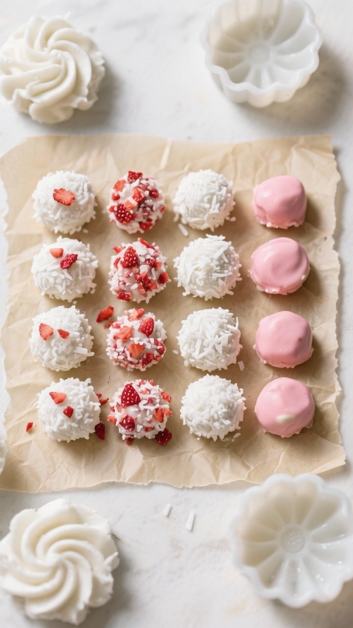 Tasty top view: Overhead shot of finished Strawberry Keto Fat Bombs arranged in a grid on parchment,