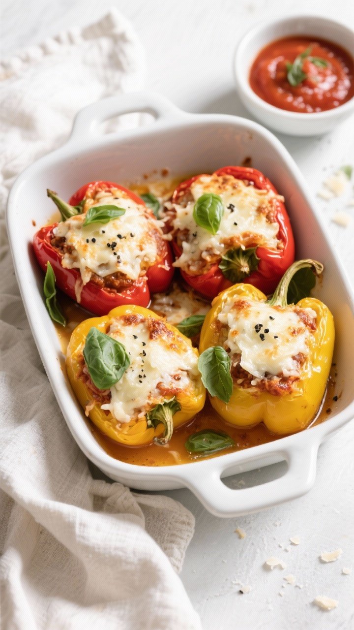 Tasty top view: Overhead shot of four baked stuffed peppers (mix of red and yellow) nestled snugly i