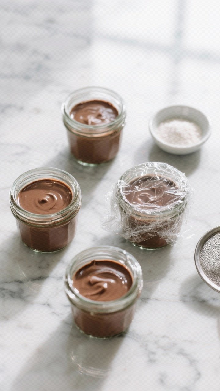 Tasty top view: Overhead shot of freshly portioned keto chocolate pudding in 4 small glass jars, sur