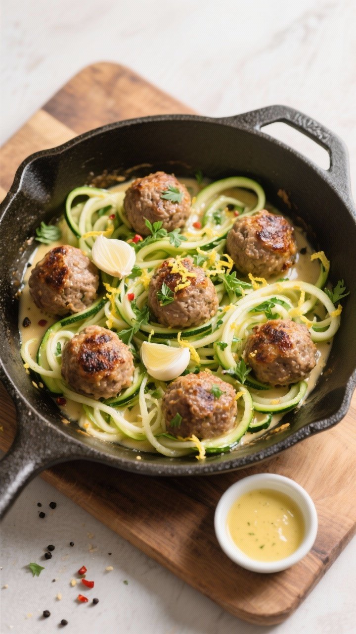 Tasty top view: Overhead shot of garlic butter keto meatballs nestled with zucchini noodles (zoodles