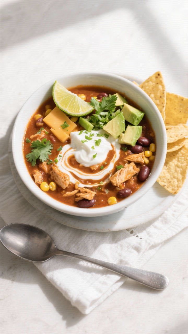 Tasty top view: Overhead shot of Honey Lime Chicken Chili ladled into a wide white bowl, finished wi