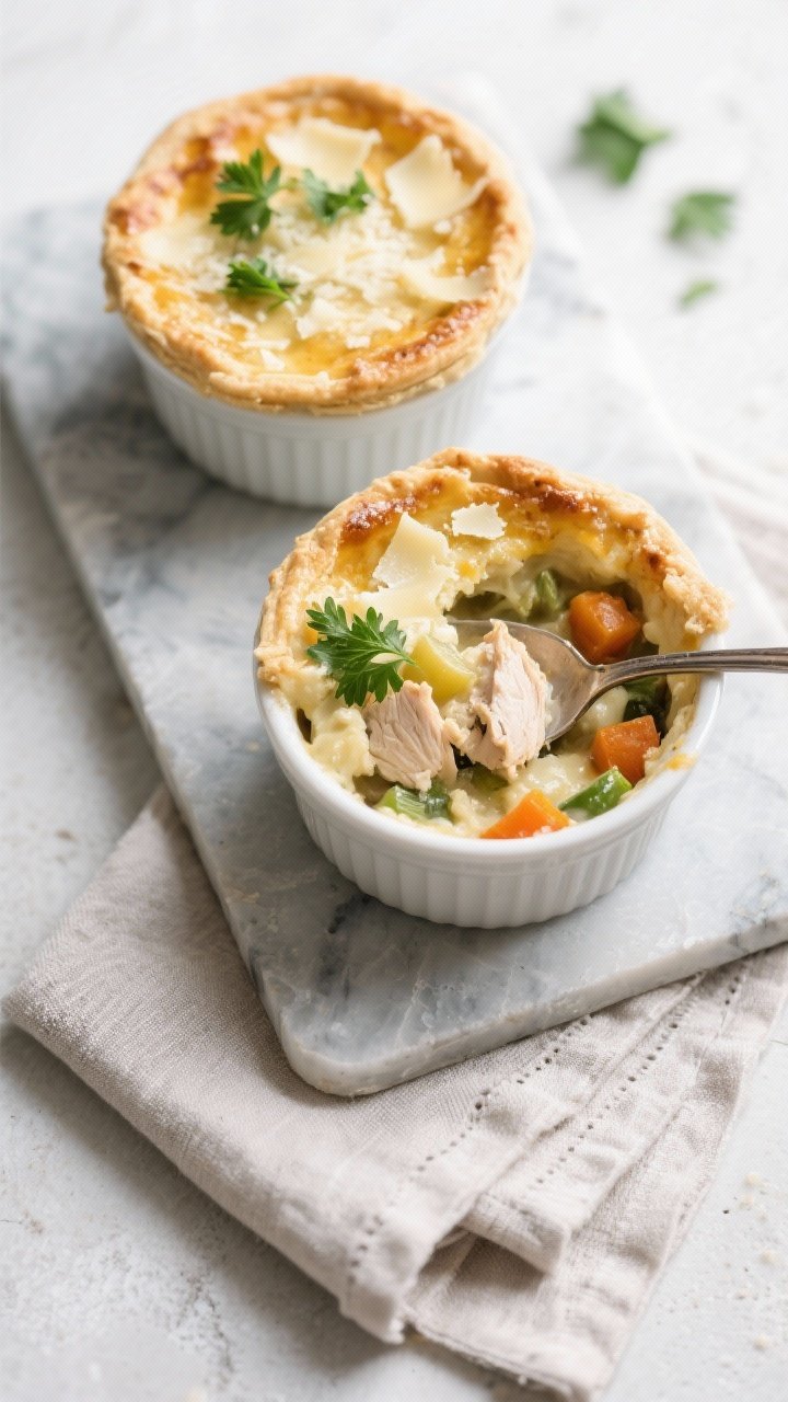 Tasty top view: Overhead shot of individual ramekins of crustless keto chicken pot pie, tops lightly