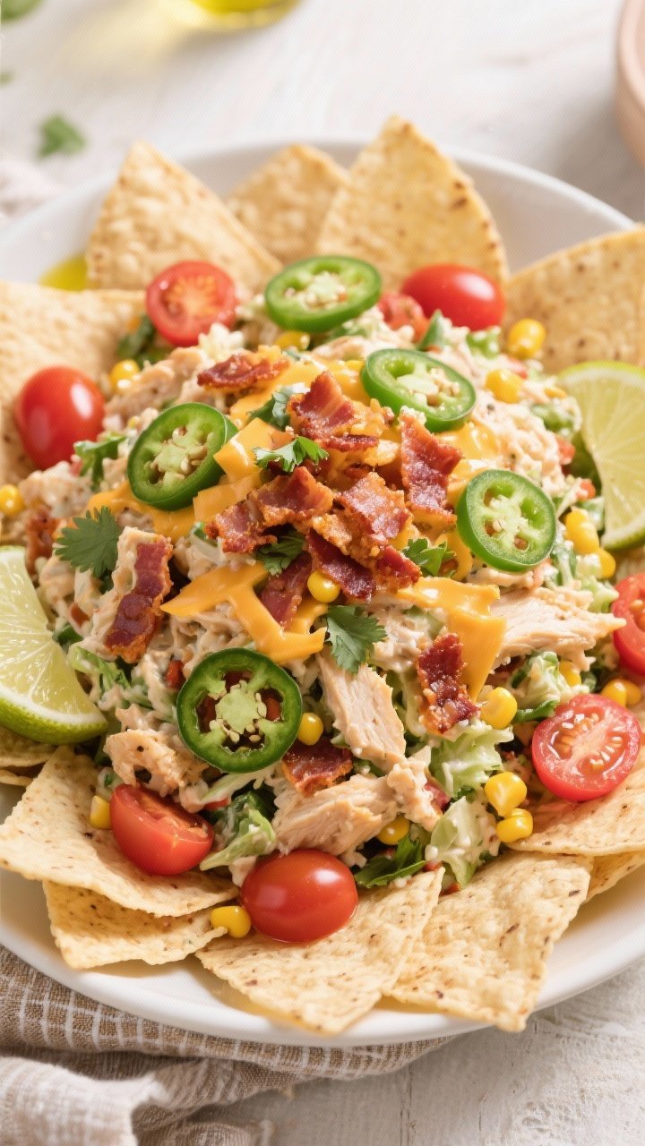 Tasty top view: Overhead shot of jalapeño popper chicken salad served as a party-style platter—mo