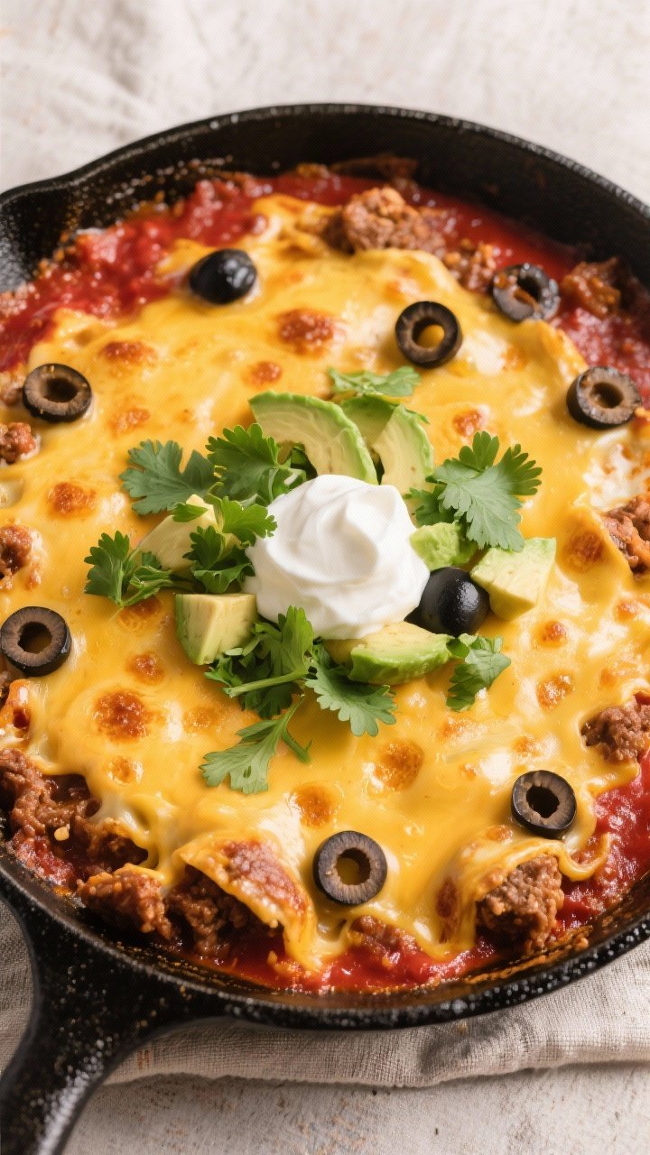 Tasty top view: Overhead shot of Keto Beef Enchilada Skillet right after “cheese time,” a golden