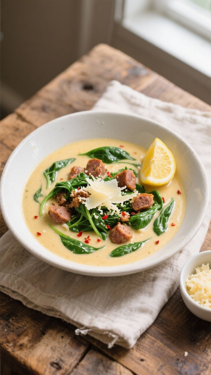 Tasty top view: Overhead shot of Keto Italian Sausage and Spinach Soup in a wide, shallow white bowl