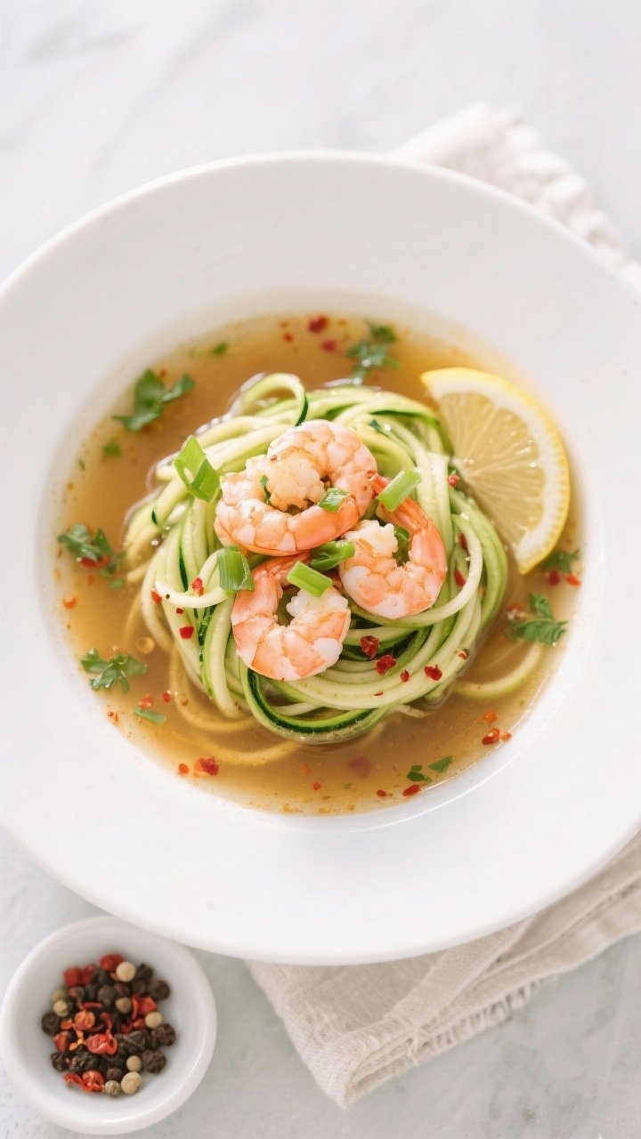 Tasty top view: Overhead shot of Keto Shrimp and Zoodle Soup plated in a wide white bowl—spiraled