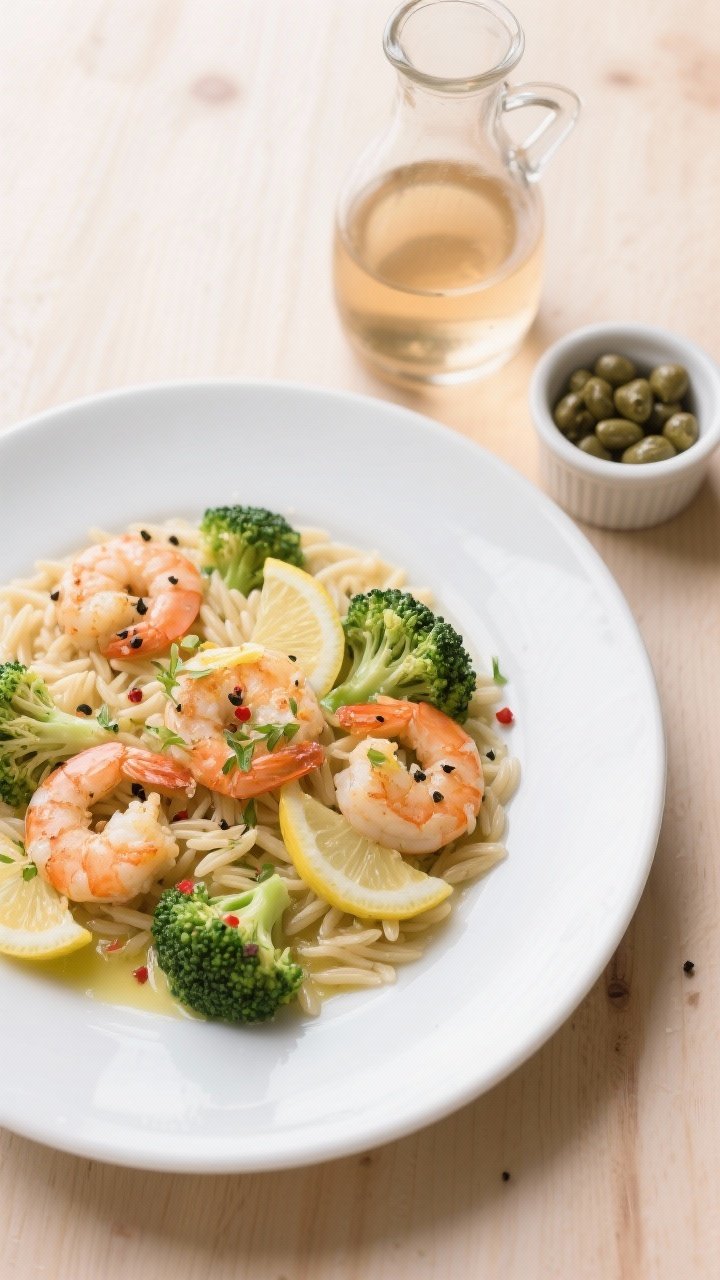 Tasty top view: Overhead shot of Lemon Butter Shrimp and Broccoli with orzo pasta; evenly distribute