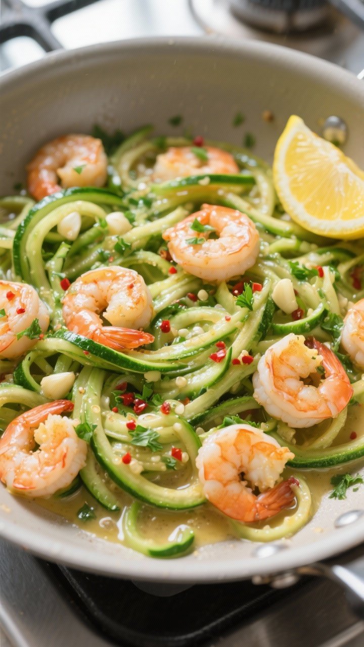 Tasty top view: Overhead shot of Lemon Garlic Shrimp Zoodles just after tossing in the pan—vibrant