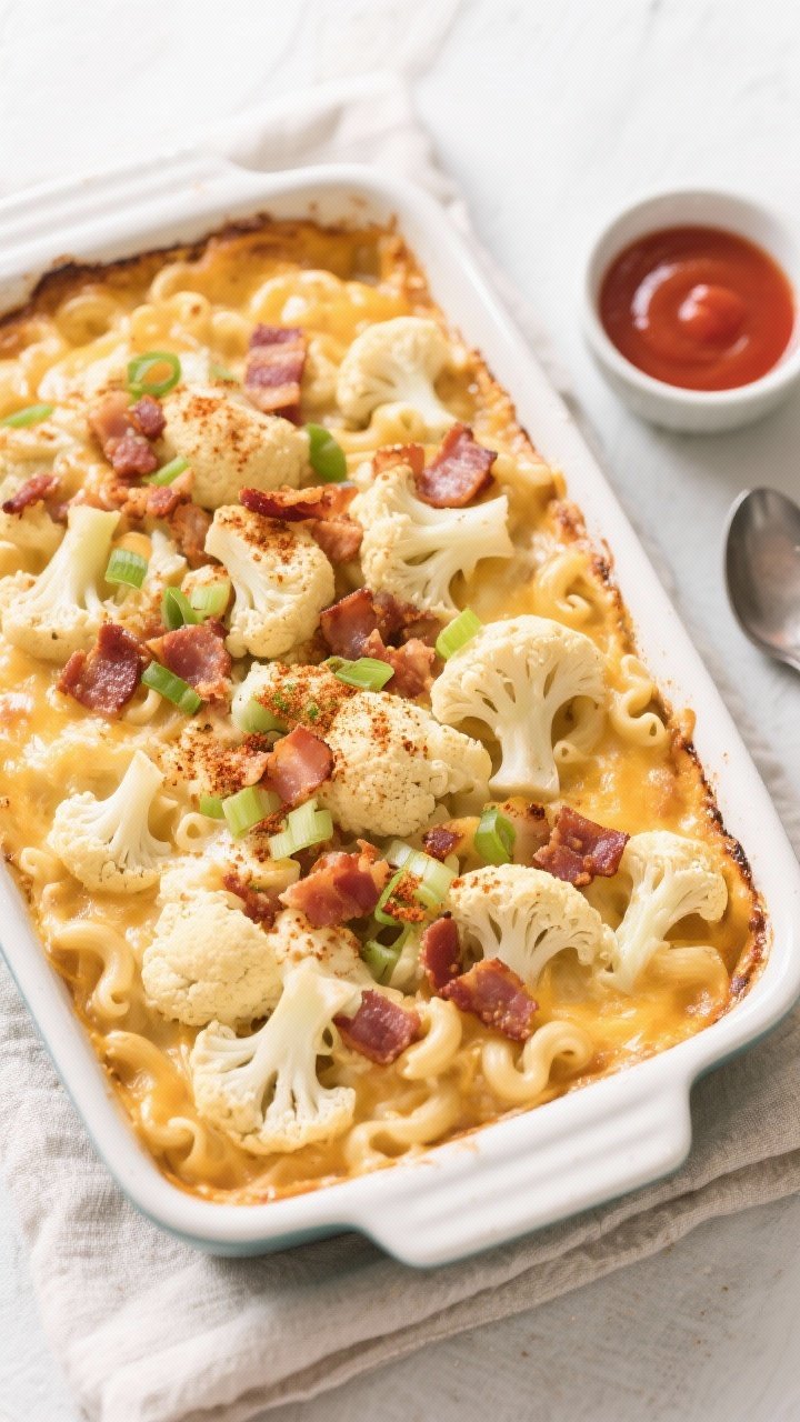 Tasty top view: Overhead shot of “Loaded Cauliflower Mac and Cheese” in a 9x13 baking dish just 