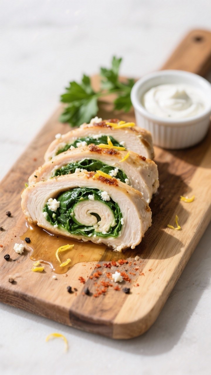 Tasty top view: Overhead shot of sliced spinach and feta stuffed chicken breast on a wooden board, r