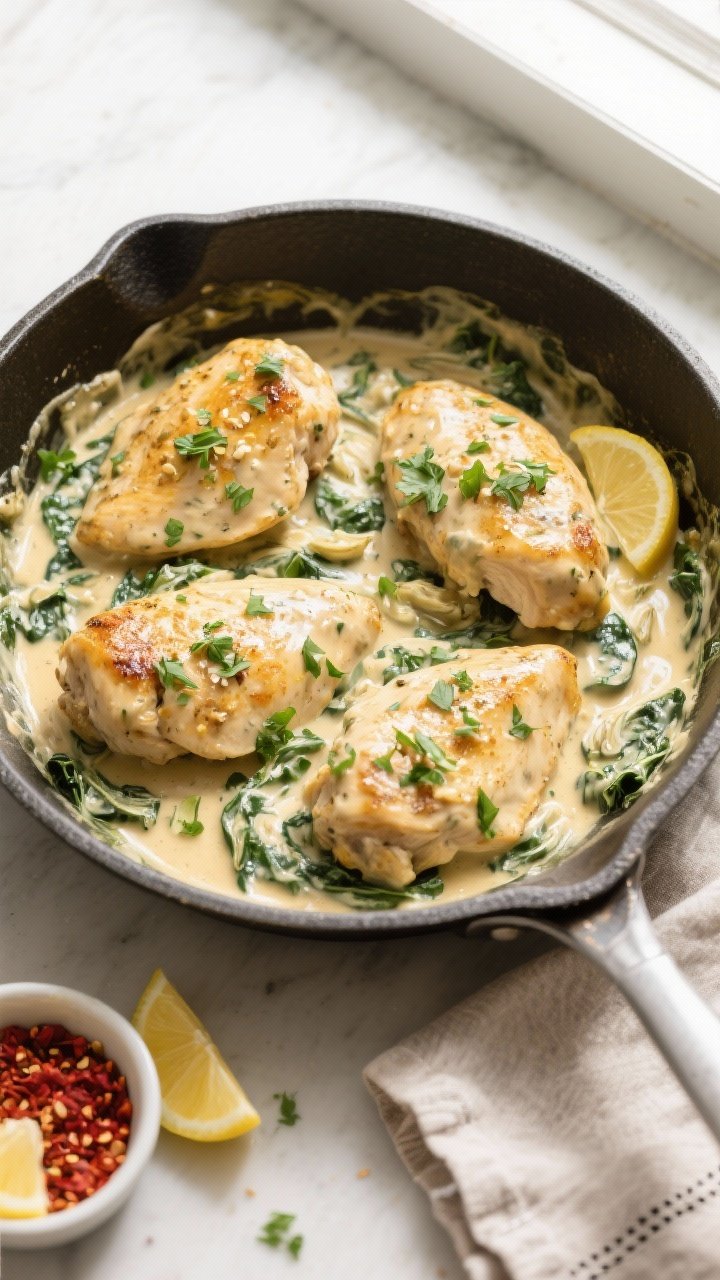 Tasty top view: Overhead shot of the final Creamy Spinach Artichoke Keto Chicken served family-style