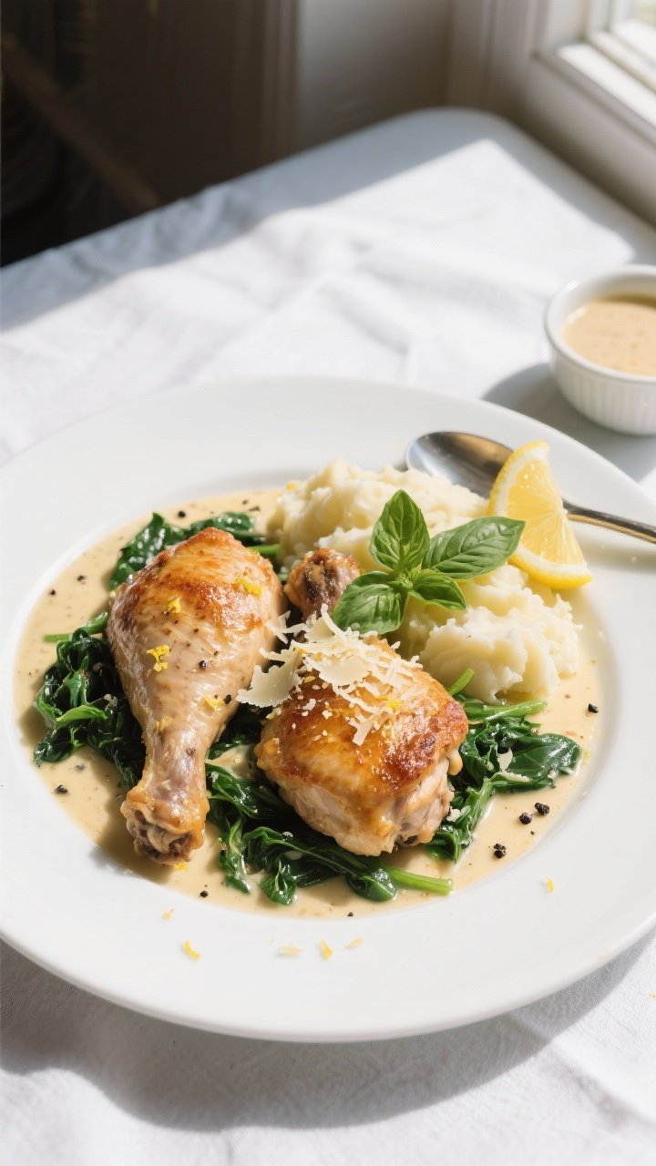 Tasty top view: Overhead shot of the final plated dish—two bone-in chicken thighs skin-side up sit