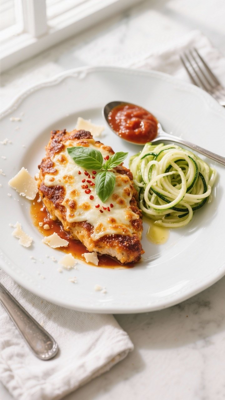 Tasty top view: Overhead shot of the final plated Keto Chicken Parmesan on a white ceramic plate, bl