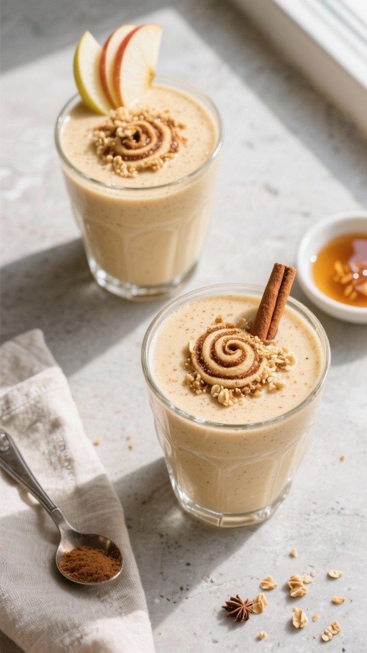 Tasty top view: Overhead shot of the final smoothie served in two clear tumblers, topped with a tigh