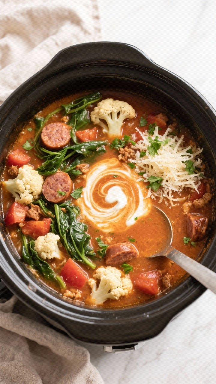 Tasty top view: Overhead shot of the finished Crockpot Keto Spicy Sausage Soup still in the slow coo