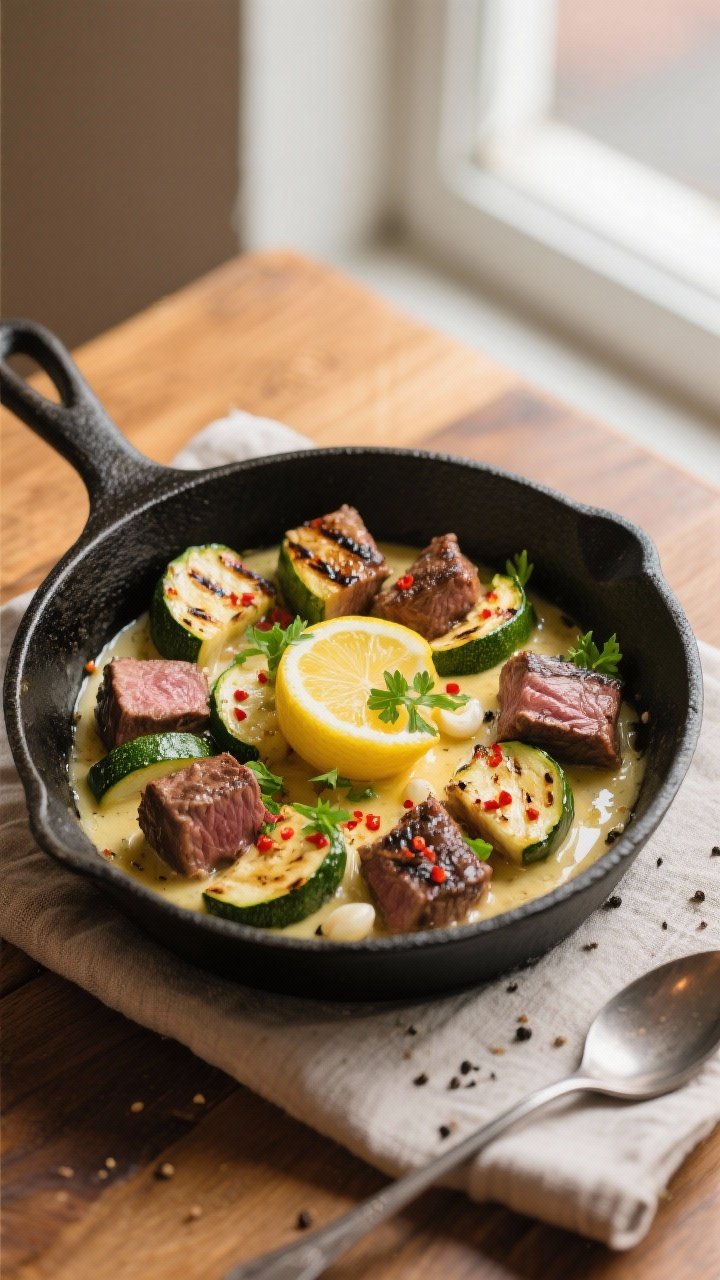 Tasty top view: Overhead shot of the finished Garlic Butter Steak Bites with Zucchini, steak and cha