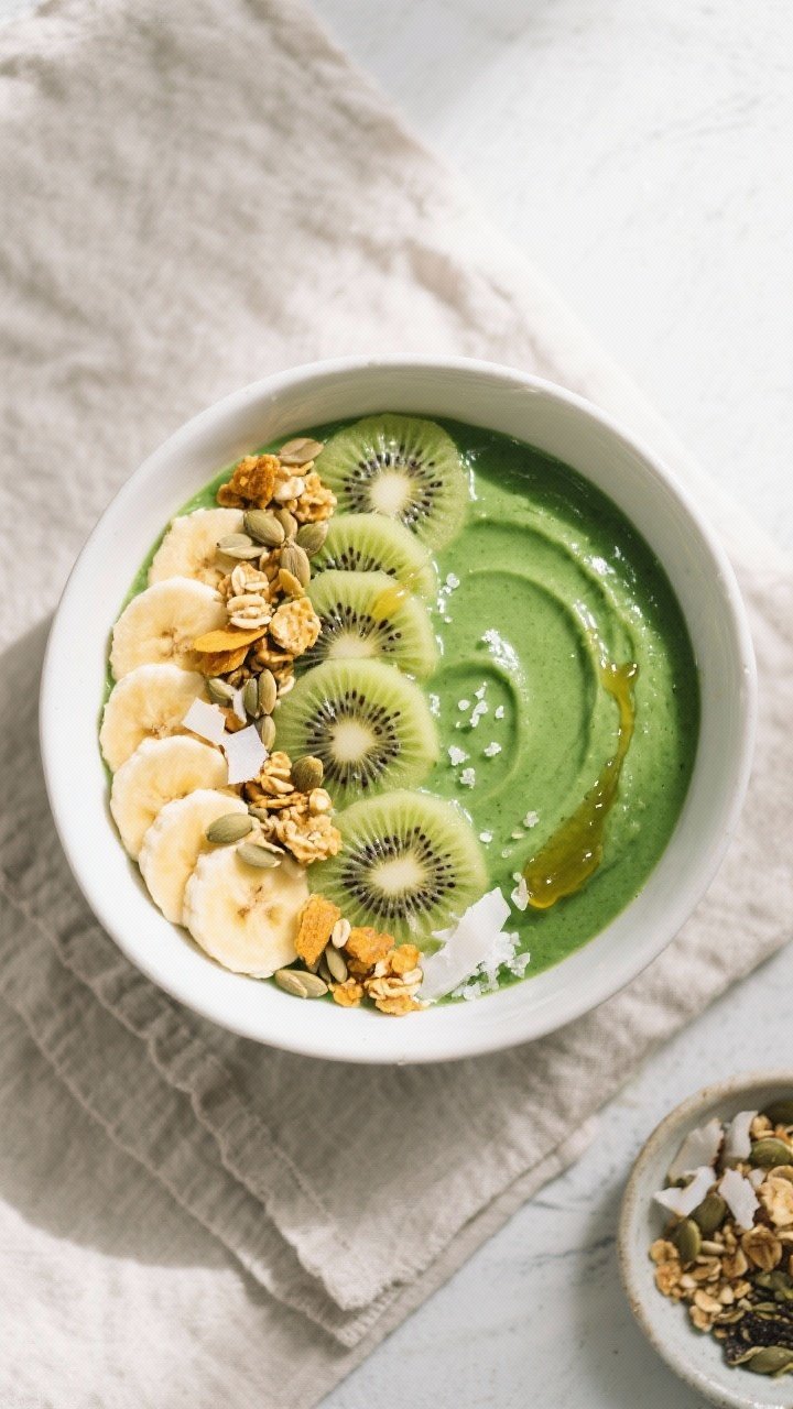 Tasty top view: Overhead shot of the finished Green Power Smoothie Bowl poured thick into a matte wh