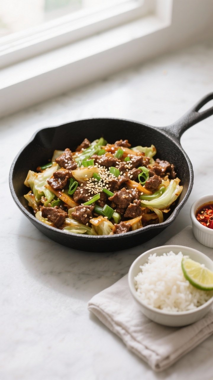 Tasty top view: Overhead shot of the finished Ground Beef and Cabbage Stir Fry served family-style i