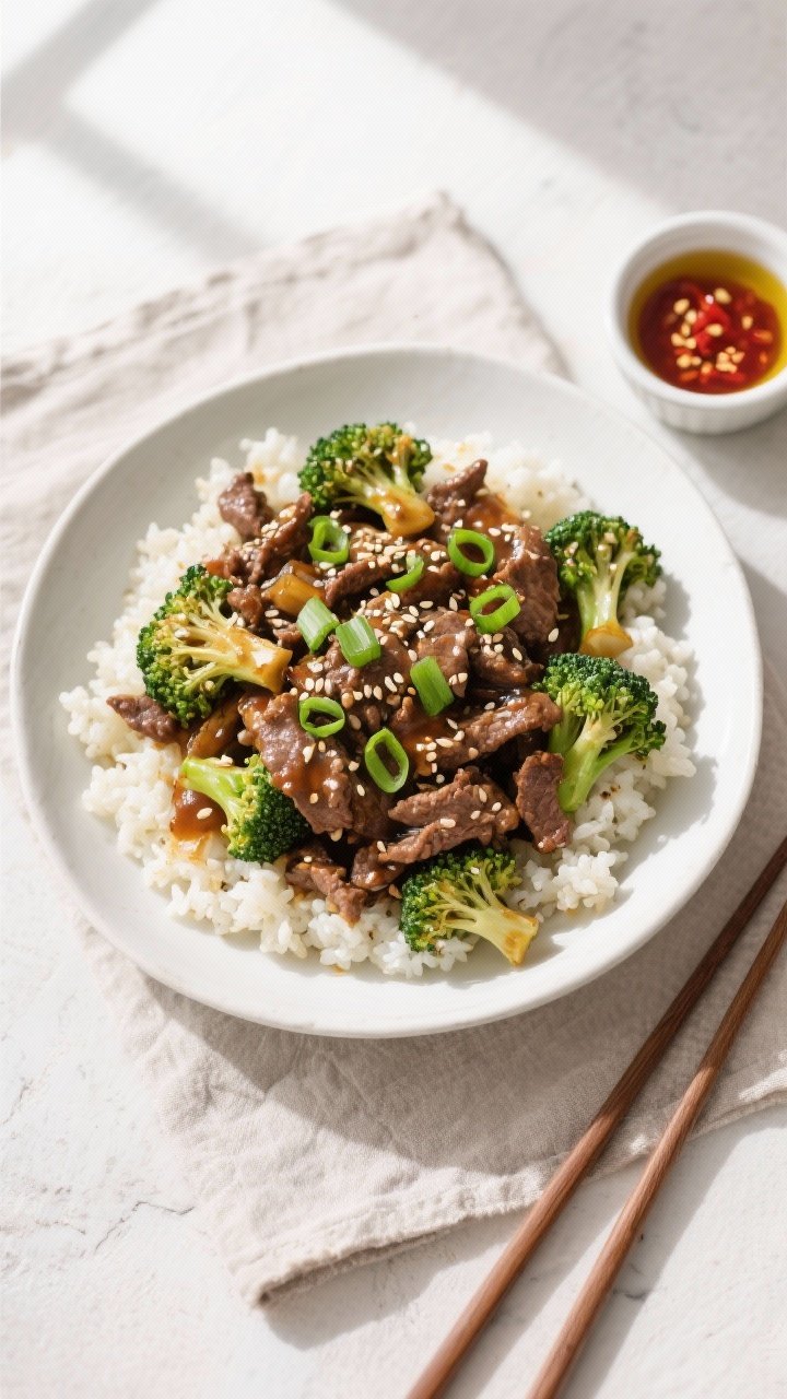 Tasty top view: Overhead shot of the finished Keto Ground Beef and Broccoli Stir Fry served over flu
