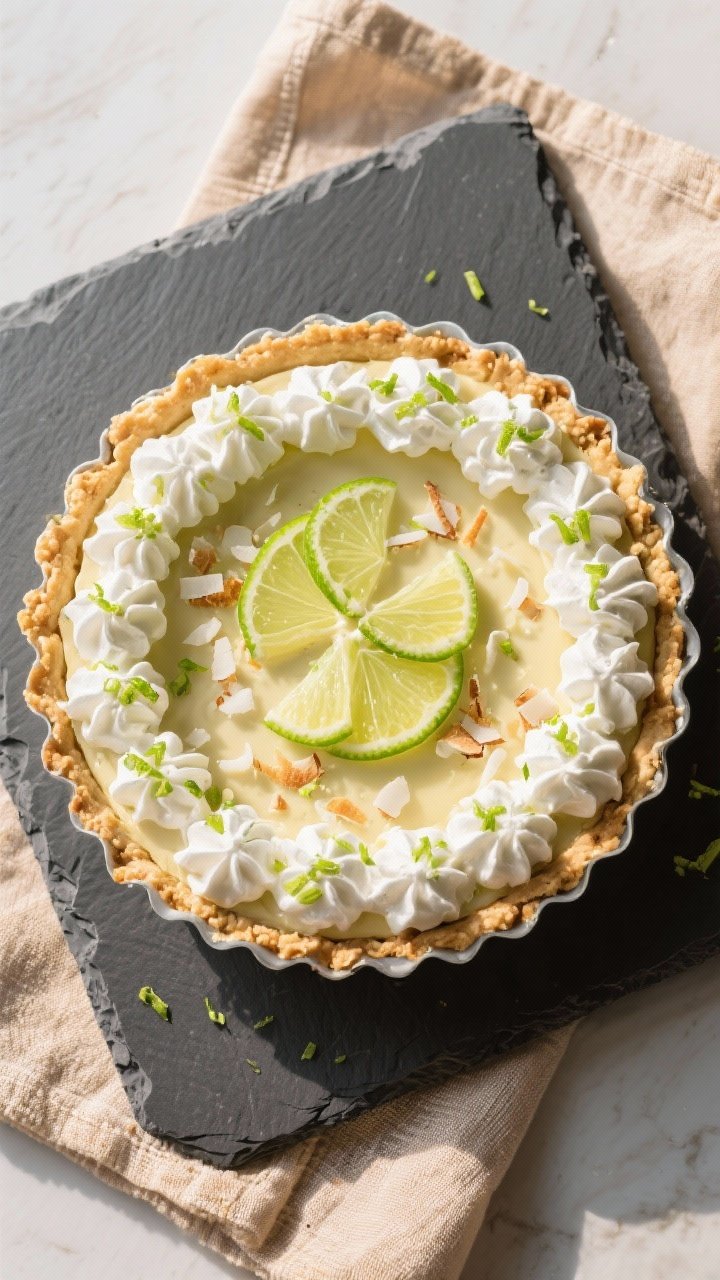 Tasty top view: Overhead shot of the finished keto key lime pie, evenly set and topped with swoops o