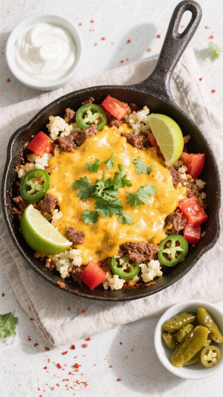 Tasty top view: Overhead shot of the finished Low-Carb Taco Skillet just after melting the cheese—