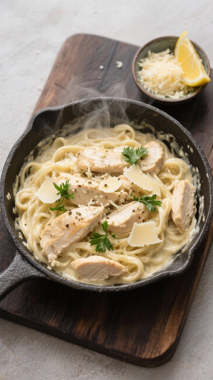 Tasty top view: Overhead shot of the finished skillet on a dark wood board—creamy Alfredo sauce en
