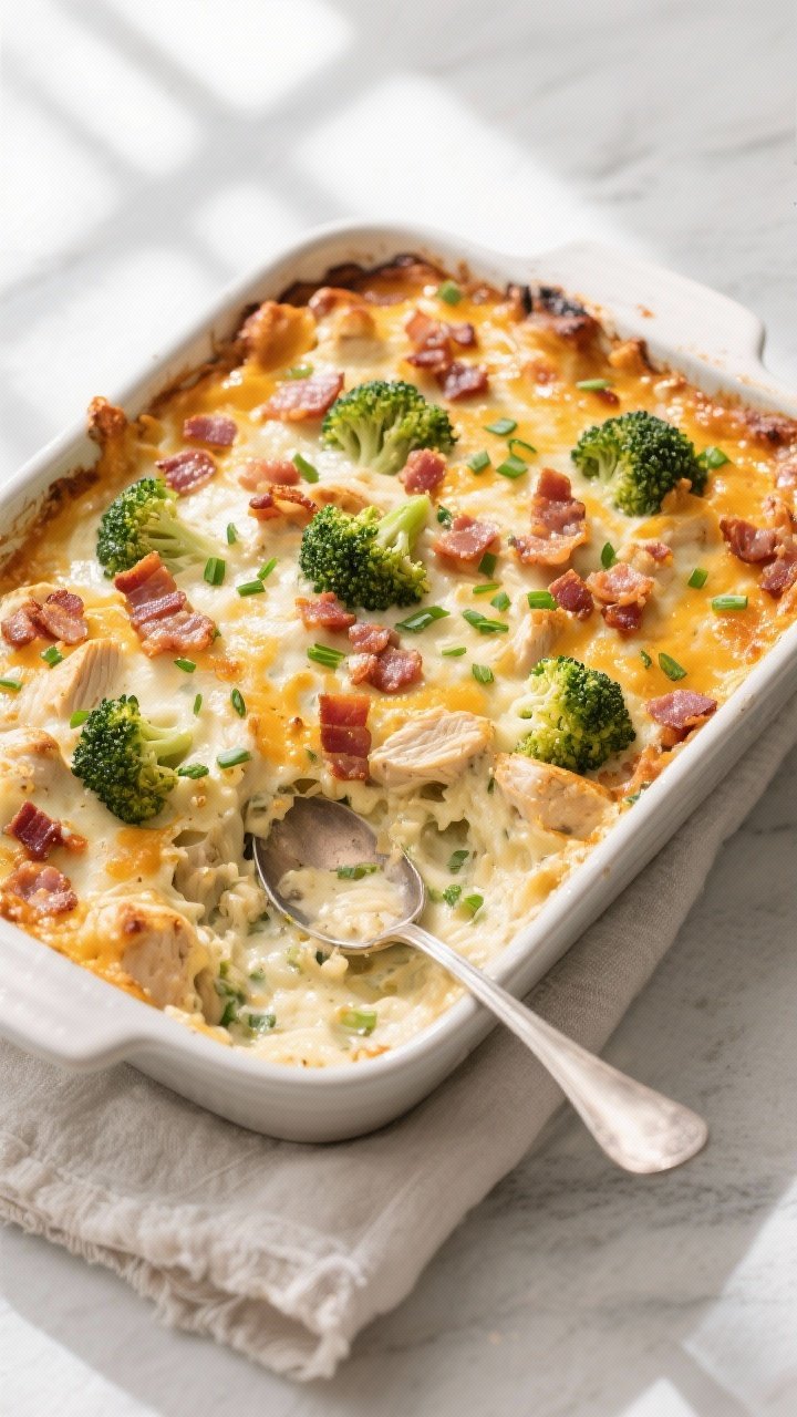 Tasty top view: Overhead shot of the Keto Chicken Bacon Ranch Casserole fresh from the oven in a 9x1