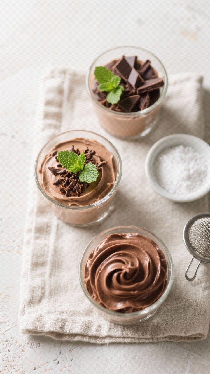 Tasty top view: Overhead shot of three modest servings of Keto Chocolate Mousse in clear glasses, ea