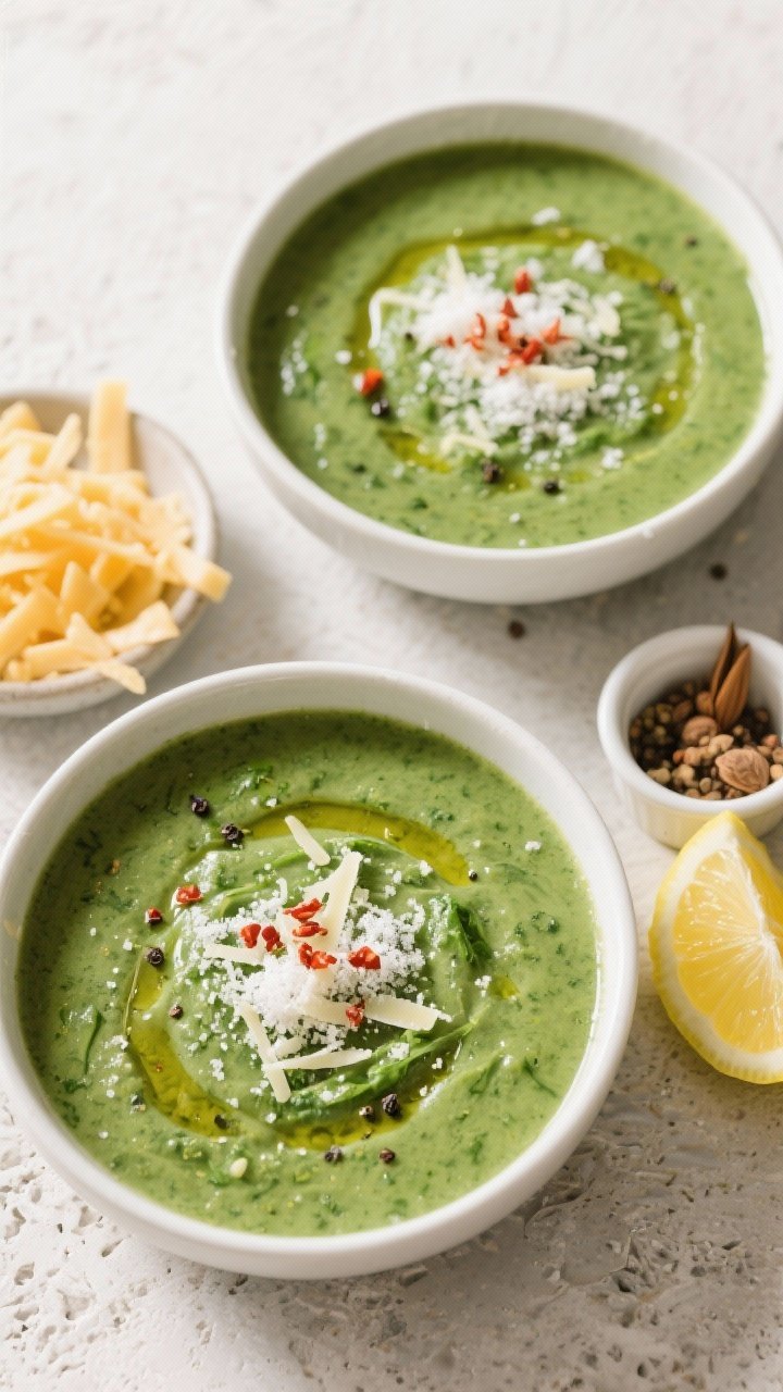 Tasty top view: Overhead shot of two bowls of Keto Spinach and Cheese Soup on a light stone surface,