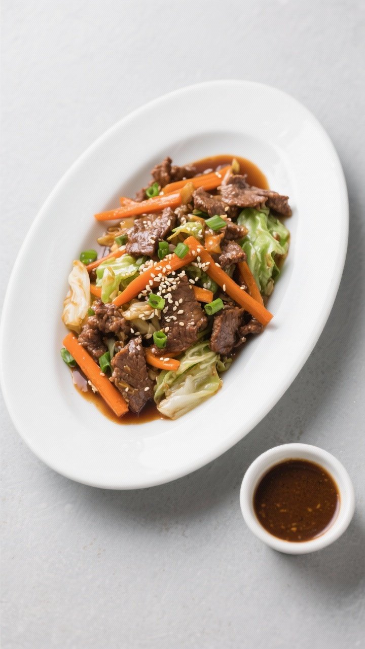 Tasty top view overhead: Top-down shot of the finished stir-fry served on its own (no rice) in a wid