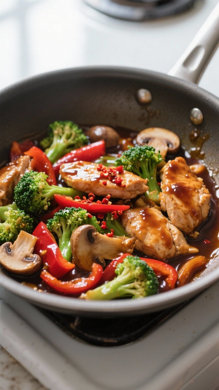 Tasty top view process shot: Overhead shot of chicken and veggies just after combining with teriyaki