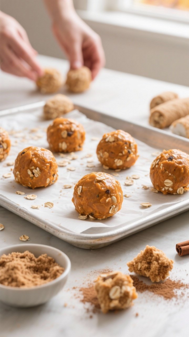5 inch balls after chilling—hands out of frame. Focus on a few finished bites with visible oats, c