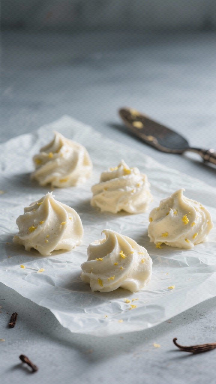 5 tablespoon mounds on a parchment-lined sheet, soft truffle-like texture with faint vanilla and lem
