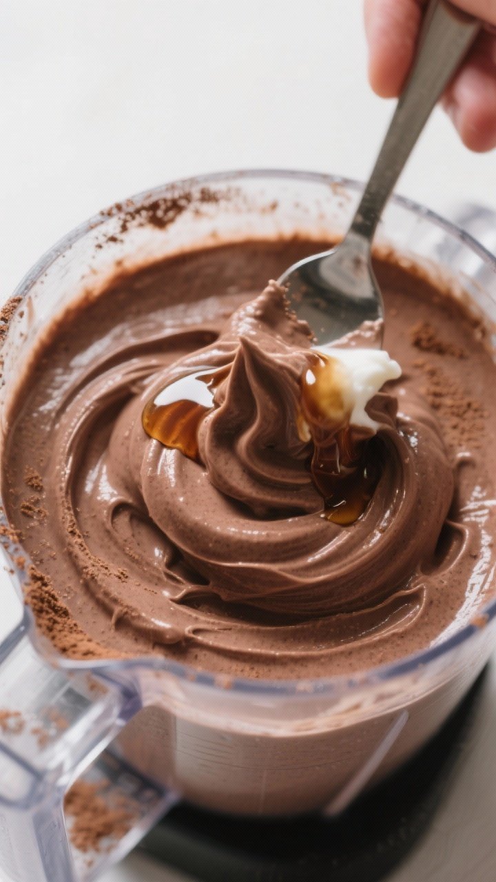 Close-up, 45-degree angle process shot of the blended smoothie base being finished in the blender ja