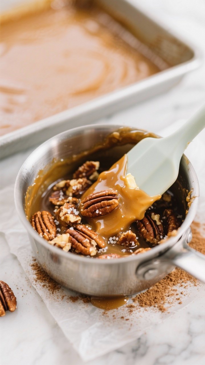 Close-up cooking process: A glossy keto caramel in a small stainless saucepan, just thickened to a s