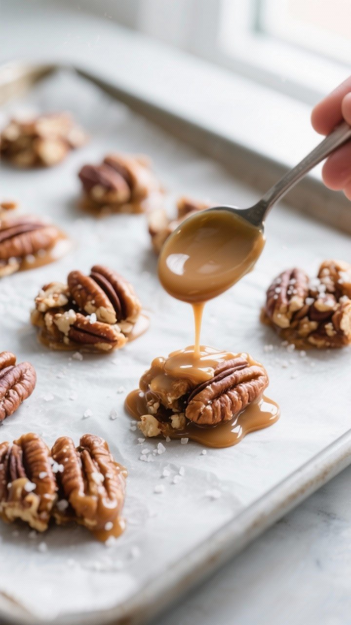 Close-up cooking process: A parchment-lined tray of assembled keto caramel pecan clusters mid-step, 