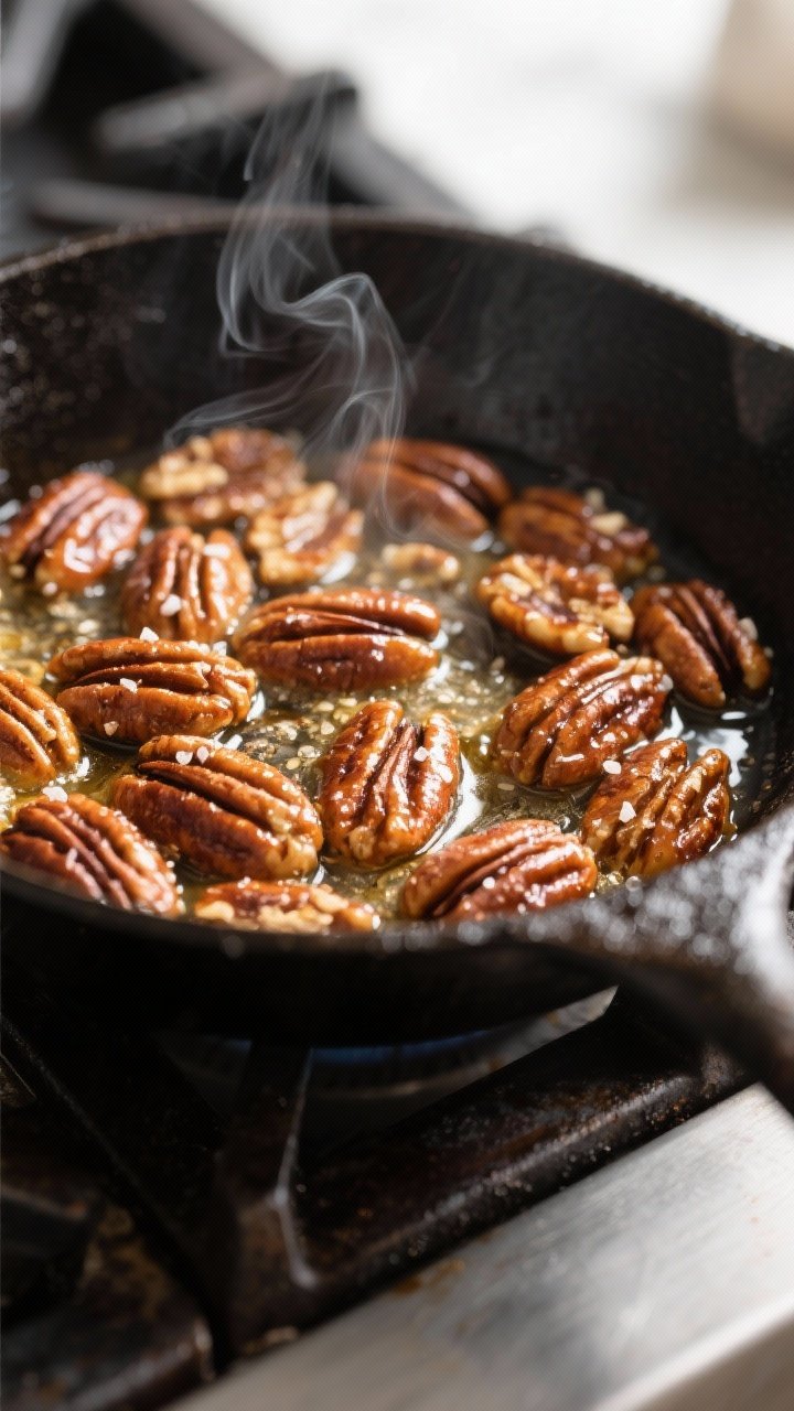 Close-up cooking process: Butter-toasted pecans glistening in a cast-iron skillet, coated in melted 