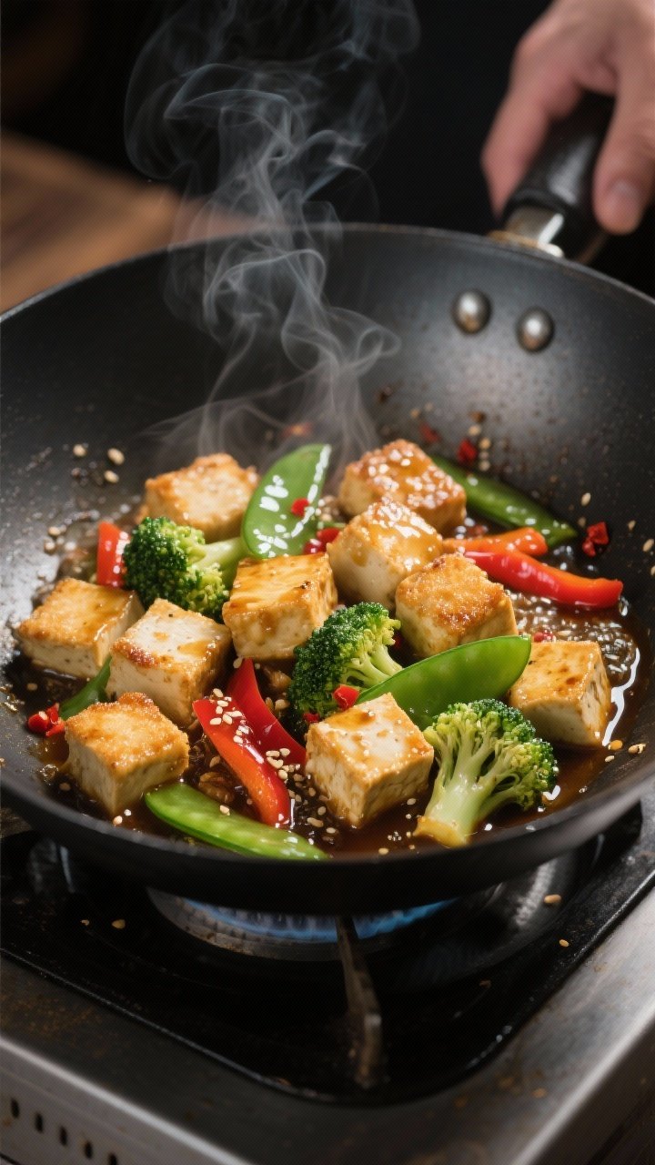 Close-up cooking process: Crispy tofu cubes sizzling in a wok, each piece coated in a light golden c