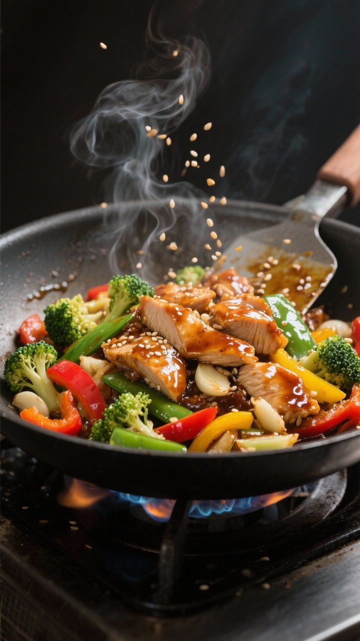 Close-up cooking process: Glossy teriyaki chicken stir-fry sizzling in a carbon-steel wok over high 