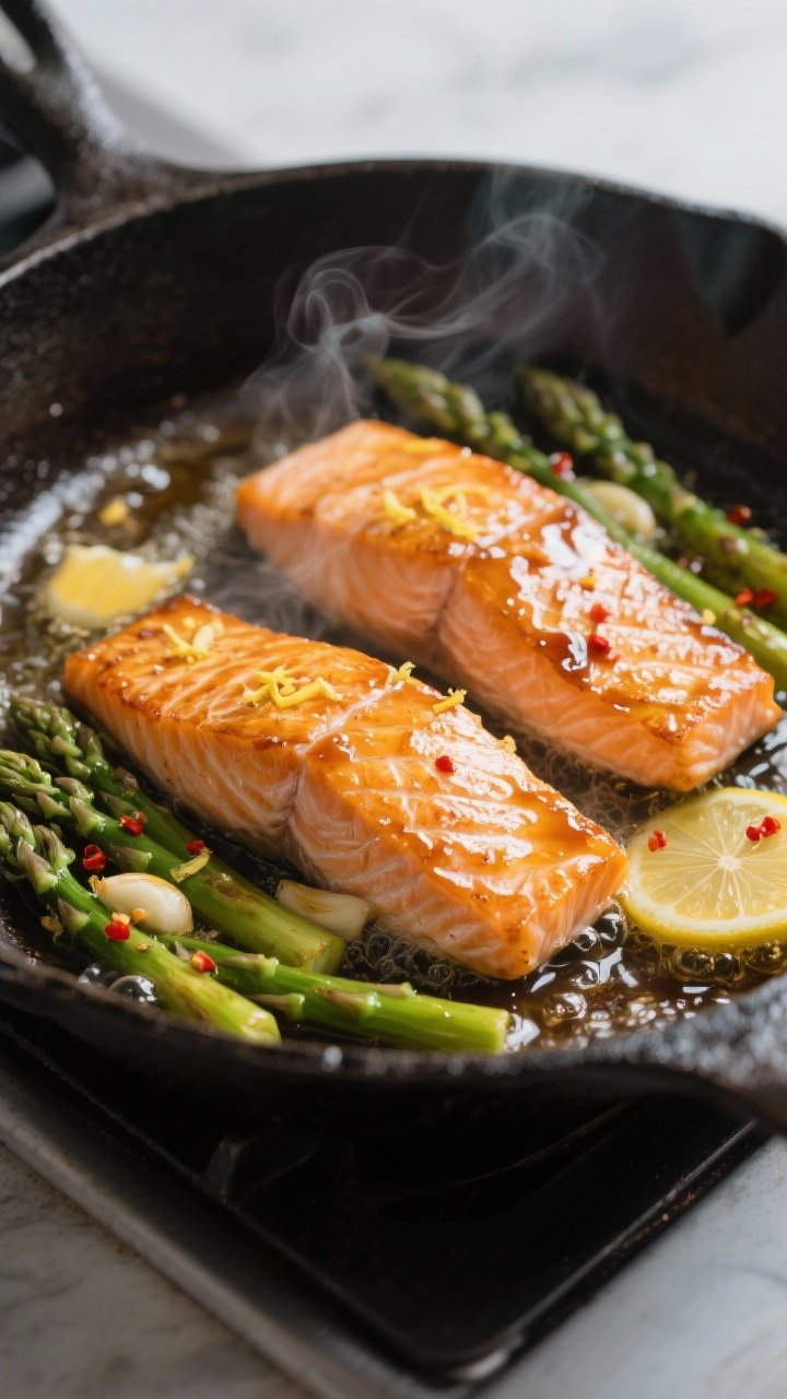 Close-up cooking process: Honey garlic salmon fillets in a large skillet, skin-side down with visibl