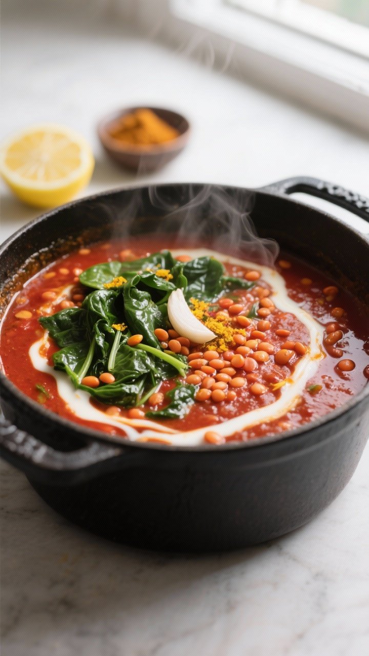 Close-up cooking process: Lentil & Spinach Curry simmering in a wide, matte black Dutch oven, captur