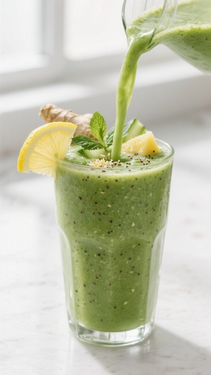 Close-up detail: A freshly blended Green Detox Smoothie being poured in a silky stream into a chille