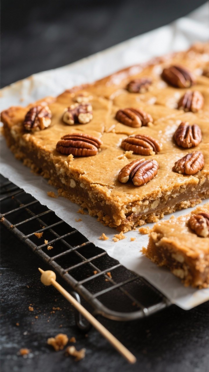 Close-up detail: A just-baked slab of Keto Vanilla Maple Pecan Bars cooling on a wire rack, lifted s
