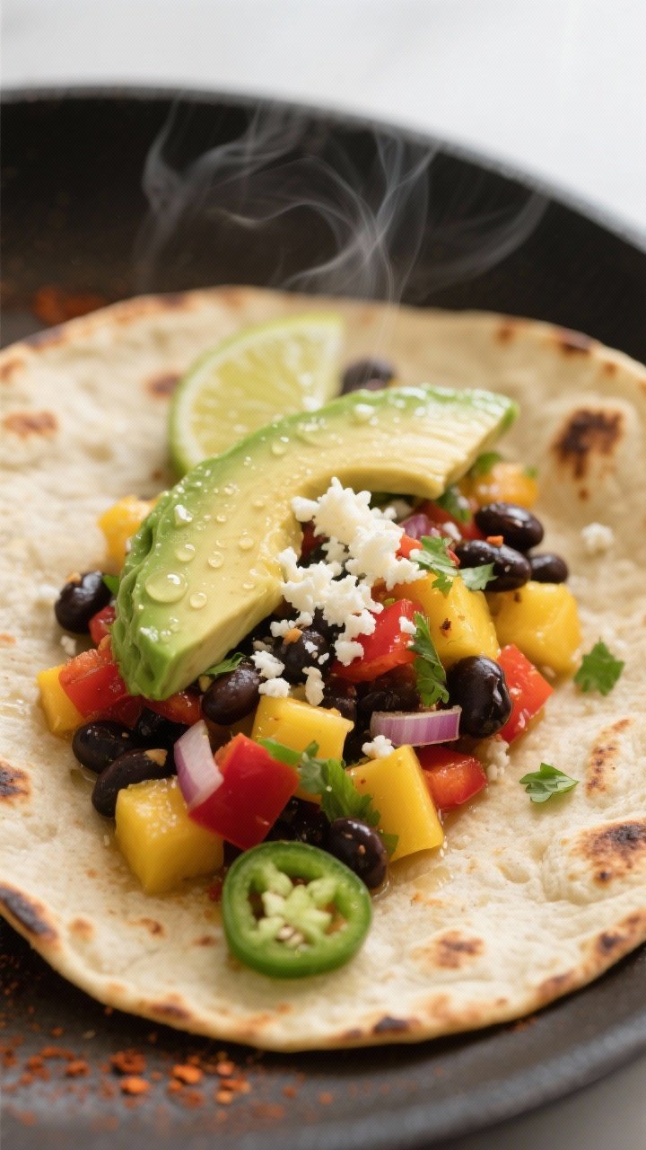 Close-up detail and assembly shot: A warm corn tortilla just off the skillet with light char marks,
