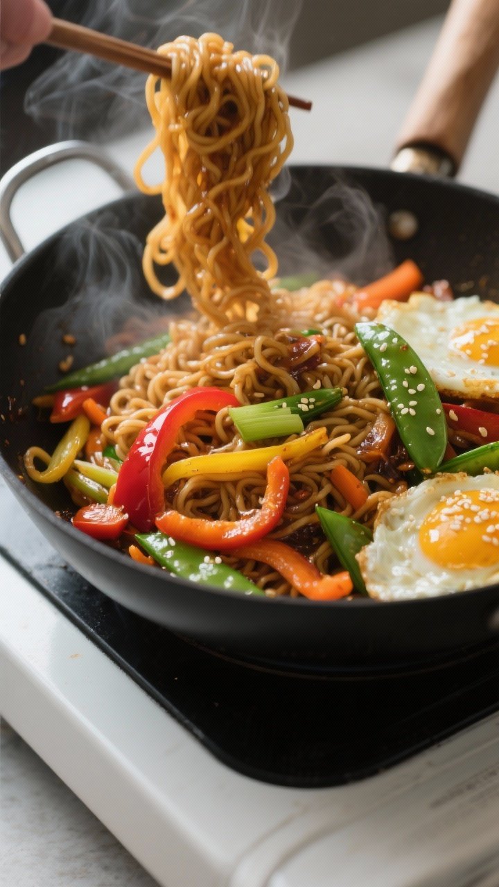 Close-up detail and cooking process: A sizzling wok of cooked ramen stir-fry mid-toss, noodles gloss